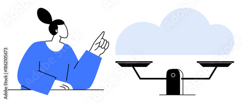 Decision making, cloud technology, balance, data storage, analysis, fairness. Woman pointing toward a balancing scale with a cloud. Decision making and cloud technology concept