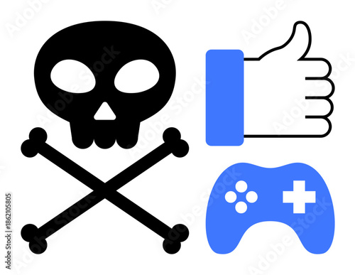 Gaming ethics. Skull with crossbones, thumbs-up, and game controller symbols explore gaming ethics, decisions, and impacts. Gaming culture and moral choices in trends. For game design, cybersecurity