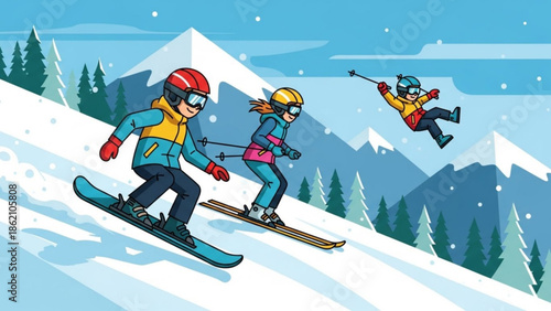 Skiing Fun: Friends and family enjoys an exciting descent, capturing the exhilarating spirit of winter sports on a sunlit slope, surrounded by majestic snow-covered peaks.