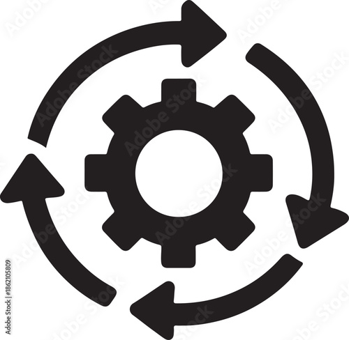 Process cycle diagram icon set with cogwheel and rotating arrows for workflow automation system concepts.