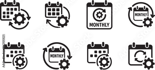 Monthly plan and auto renewal icon set with calendars and gears for subscription and billing process concepts.