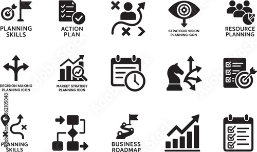 Planning icon set with plan symbols for business strategy, management, goals, roadmap and workflow concepts.