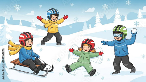 Winter Fun with Friends: A group of children fully enjoying the snowy wonderland, with each child engaged in a different winter activity under a soft sky, capturing the wonder of childhood.
