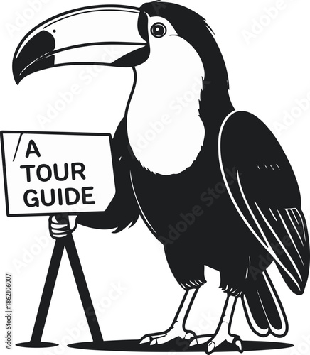 A toucan as a tour guide holding a signboard, simple frontal pose, flat vector illustration, limited color palette, bold black outline, no gradient, no shadow, illustrator svg style, white background