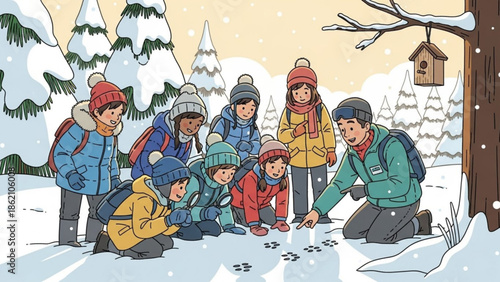 Winter Wonders: A group of children on a winter walk with instructor and examines animal tracks in the snow, observing nature's secret code.