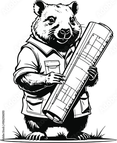 A wombat as a construction site planner holding rolled blueprint, stable stance, flat vector art, clean edges, limited colors, thick black outline, no lighting, no texture, illustrator style, white ba
