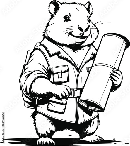 A wombat as a construction site planner holding rolled blueprint, stable stance, flat vector art, clean edges, limited colors, thick black outline, no lighting, no texture, illustrator style, white ba