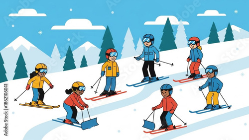 Skiing Adventure: A group of children descends a snowy mountain slope, fully equipped for winter sports in a vibrant, playful illustration. 