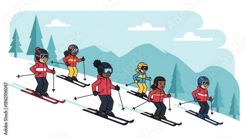 Skiing Adventure: A vibrant illustration showcases a group of children gliding down a snowy slope, embracing the winter sports of skiing.