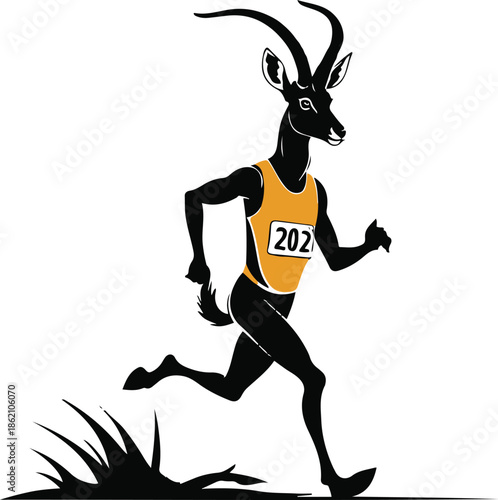 An antelope as a marathon pace leader wearing a number tag, dynamic but simple pose, flat vector art, clean edges, limited colors, thick black outline, no lighting, no texture, white background