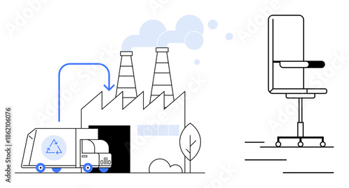 Environmental conservation, recycling, eco-industries, sustainability, waste management, workplace ergonomics. A recycling truck next to a factory and a modern swivel chair. Recycling