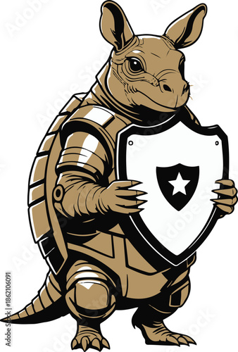 An armadillo as a cybersecurity analyst holding a shield icon, compact body pose, flat vector illustration, solid flat colors, bold black outline, no gradient, no shadow, clean sticker style, white ba