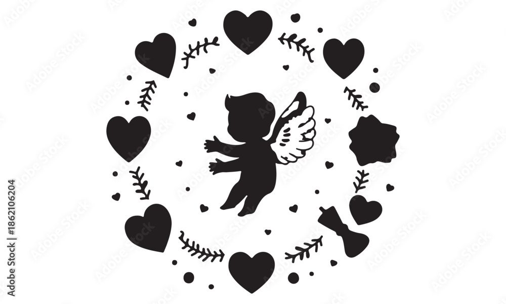 Fototapeta premium Valentine's Day Love Symbols Collection with Cupid, Hearts, and Roses
