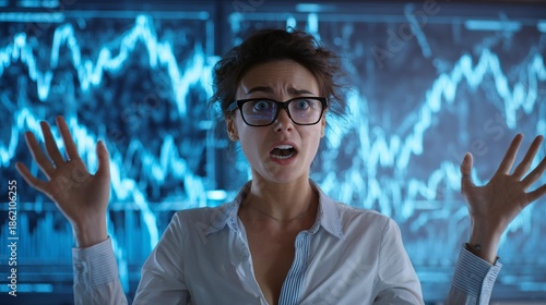 Woman showing surprise in front of a digital financial screen with blue graphs and data visualizations
