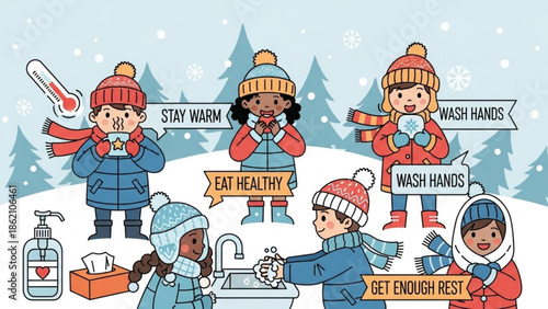 Winter Wellness: A charming illustration depicts children practicing winter health habits, including hand washing and staying warm. 