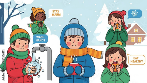 Winter Health Tips: A cheerful illustration showcases children engaging in healthy habits during winter, with cozy outfits and snowy backdrop, promoting wellness and care