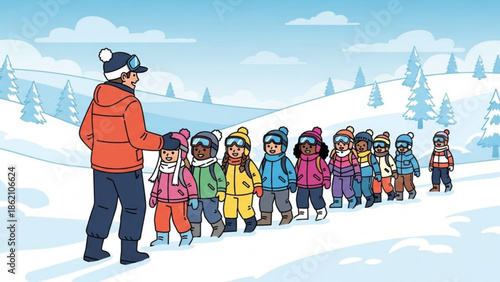Winter Wonderland Walk: A group of children, bundled up warmly and led by an instructor, traverse a snowy landscape under a serene winter sky. Capture the essence of teamwork and adventure