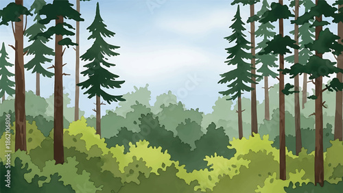 Modern vector watercolor-style forest wallpaper with tall pine trees, soft foliage layers, and open sky, calm woodland nature background ideal for wallpaper, textiles, and interior decor