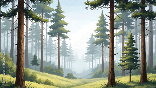 Modern vector watercolor-style forest wallpaper with tall pine trees, soft foliage layers, and open sky, calm woodland nature background ideal for wallpaper, textiles, and interior decor