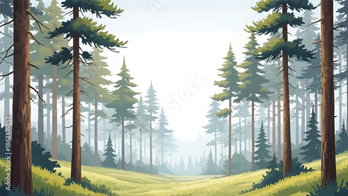 Modern vector watercolor-style forest wallpaper with tall pine trees, soft foliage layers, and open sky, calm woodland nature background ideal for wallpaper, textiles, and interior decor