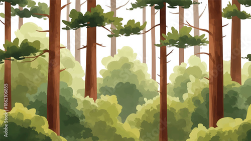 Modern vector watercolor-style forest wallpaper with tall pine trees, soft foliage layers, and open sky, calm woodland nature background ideal for wallpaper, textiles, and interior decor