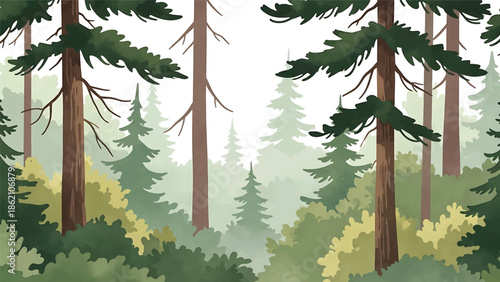 Modern vector watercolor-style forest wallpaper with tall pine trees, soft foliage layers, and open sky, calm woodland nature background ideal for wallpaper, textiles, and interior decor