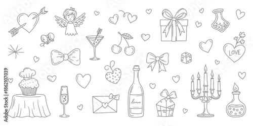 Romantic Valentine's Day Doodle Icon Set with Cupid, Hearts, Wine, and Love Themes