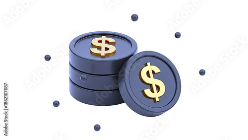 Dollar Coins Stacked with Floating Spheres on White