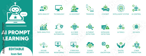 AI Prompt Learning Icon Set. Generative Engineering Course and Big Data Training Vectors.