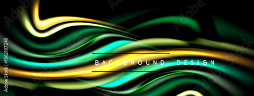 Abstract fluid shapes, vibrant colors blend. Dynamic waves create modern background design. Dark backdrop emphasizes luminosity.