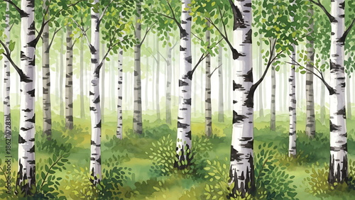 Modern vector watercolor-style forest wallpaper with birch trees and leafy undergrowth in repeating layout, serene woodland nature background ideal for decor and textile use