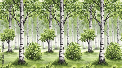 Modern vector watercolor-style forest wallpaper with birch trees and leafy undergrowth in repeating layout, serene woodland nature background ideal for decor and textile use