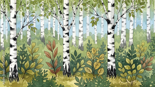 Modern vector watercolor-style forest wallpaper with birch trees and leafy undergrowth in repeating layout, serene woodland nature background ideal for decor and textile use