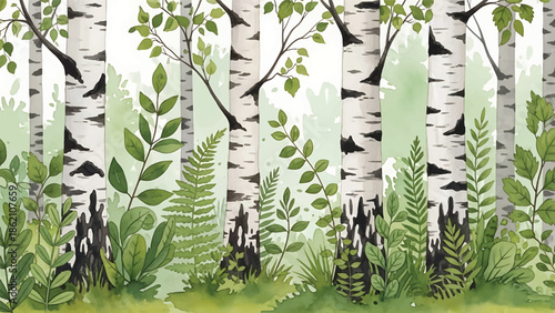 Modern vector watercolor-style forest wallpaper with birch trees and leafy undergrowth in repeating layout, serene woodland nature background ideal for decor and textile use