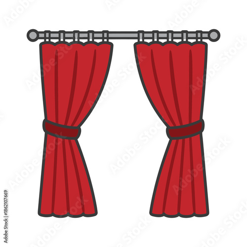 Flat minimalist red curtains icon with tiebacks, hung on silver rod.