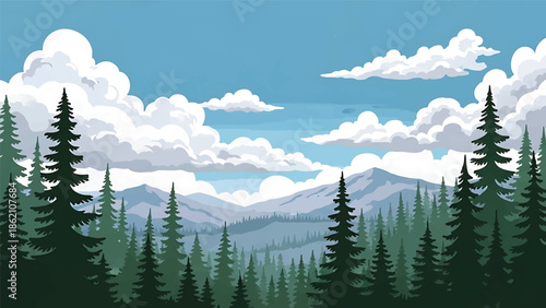 Modern vector watercolor-style nature wallpaper showing evergreen forest with distant mountains and clouds, peaceful outdoor landscape background for wallpaper and branding projects