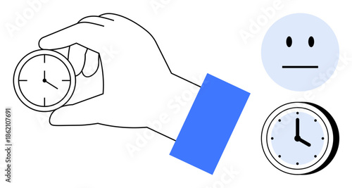 Time management, productivity, scheduling, decision-making, punctuality, time tracking. Hand holding a small round clock and neutral face beside a clock symbol. Time management and productivity
