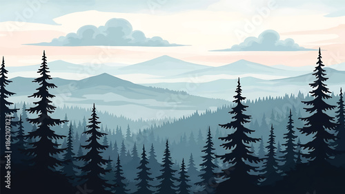 Modern vector watercolor-style nature wallpaper showing evergreen forest with distant mountains and clouds, peaceful outdoor landscape background for wallpaper and branding projects