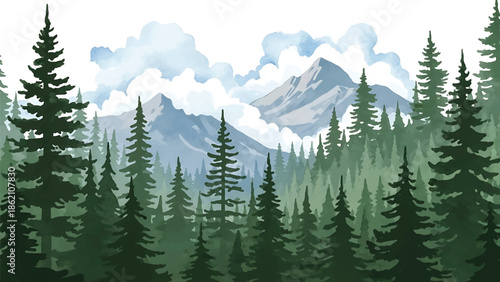 Modern vector watercolor-style nature wallpaper showing evergreen forest with distant mountains and clouds, peaceful outdoor landscape background for wallpaper and branding projects