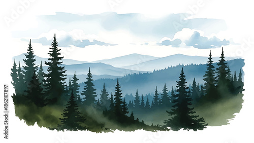 Modern vector watercolor-style nature wallpaper showing evergreen forest with distant mountains and clouds, peaceful outdoor landscape background for wallpaper and branding projects