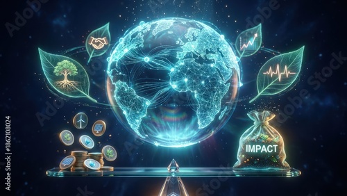 Wallpaper Mural A wireframe globe balancing a green finance and social impact on glass scale, sustainability concept, core values and business ethics Torontodigital.ca