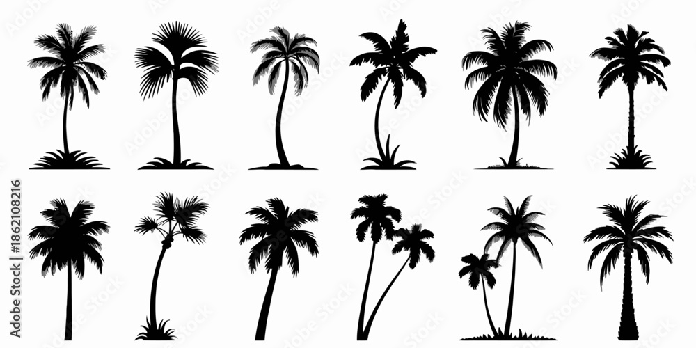 Naklejka premium Collection of Palm Tree Silhouette Icons for Island Travel, Summer Decor, and Coastal Branding