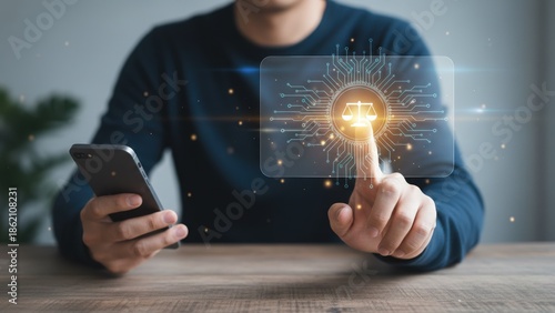 A hand tapping a holographic scale on a smartphone screen showing ethical digital decisions, modern governance, core values and business ethics