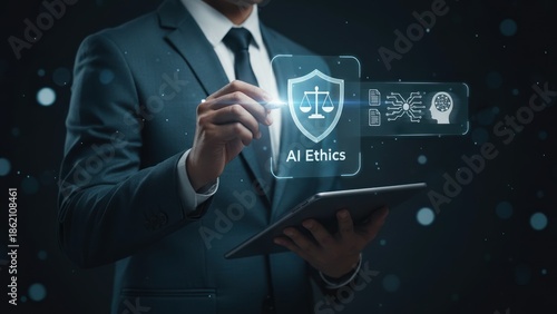 Wallpaper Mural A professional using an ai ethics shield interface with justice symbols, responsible technology concept, core values and business ethics Torontodigital.ca