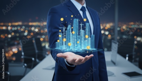 Businessman presenting holographic city construction with crane and dollar sign, visualizing real estate development investment, urban planning, and future property finance growth concept.