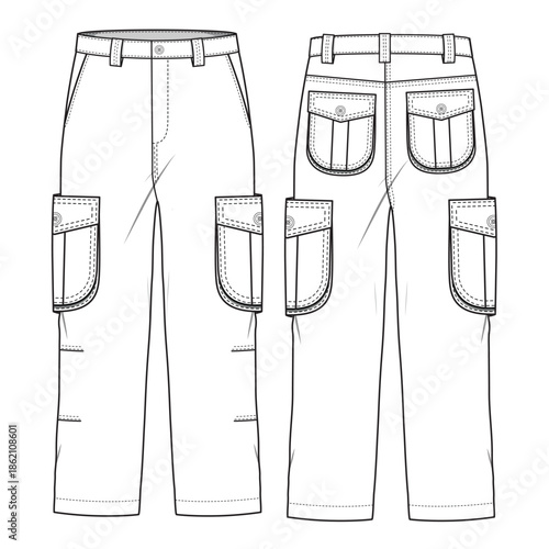 Oversized cargo pant vector design mockup template technical flat sketch.