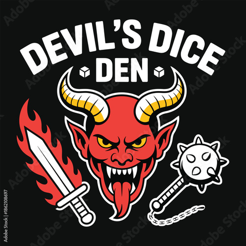Devil’s Dice Den RPG Gamer T‑Shirt – Red Demon Head with Flaming Sword and Mace