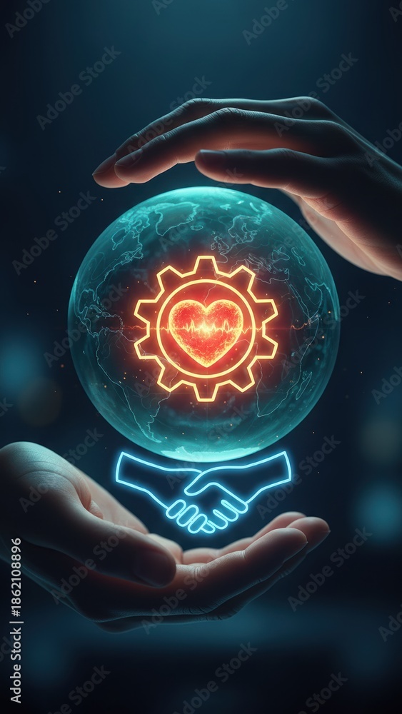 Fototapeta premium The hands holding a globe with heart and gear icon symbolizing trust and systems, core values and business ethics
