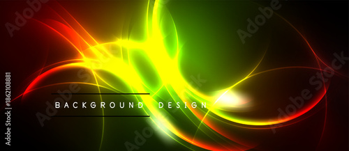 Vibrant abstract design. Glowing curves, red, green, yellow hues dominate black background. Modern digital illustration.