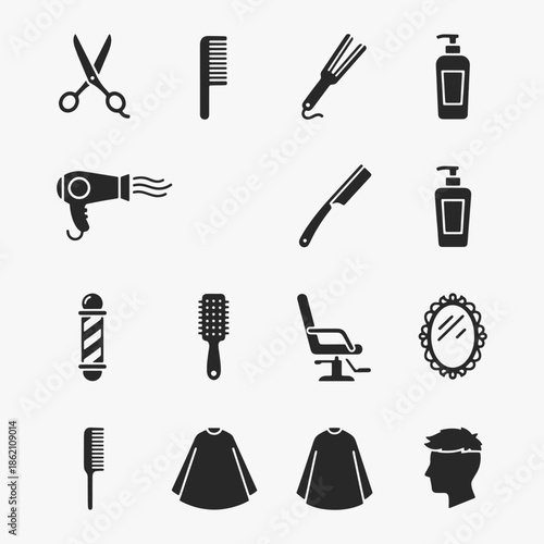 A collection of flat icons for hair care and grooming focuses on simplicity, elegance, and ease of recognition.